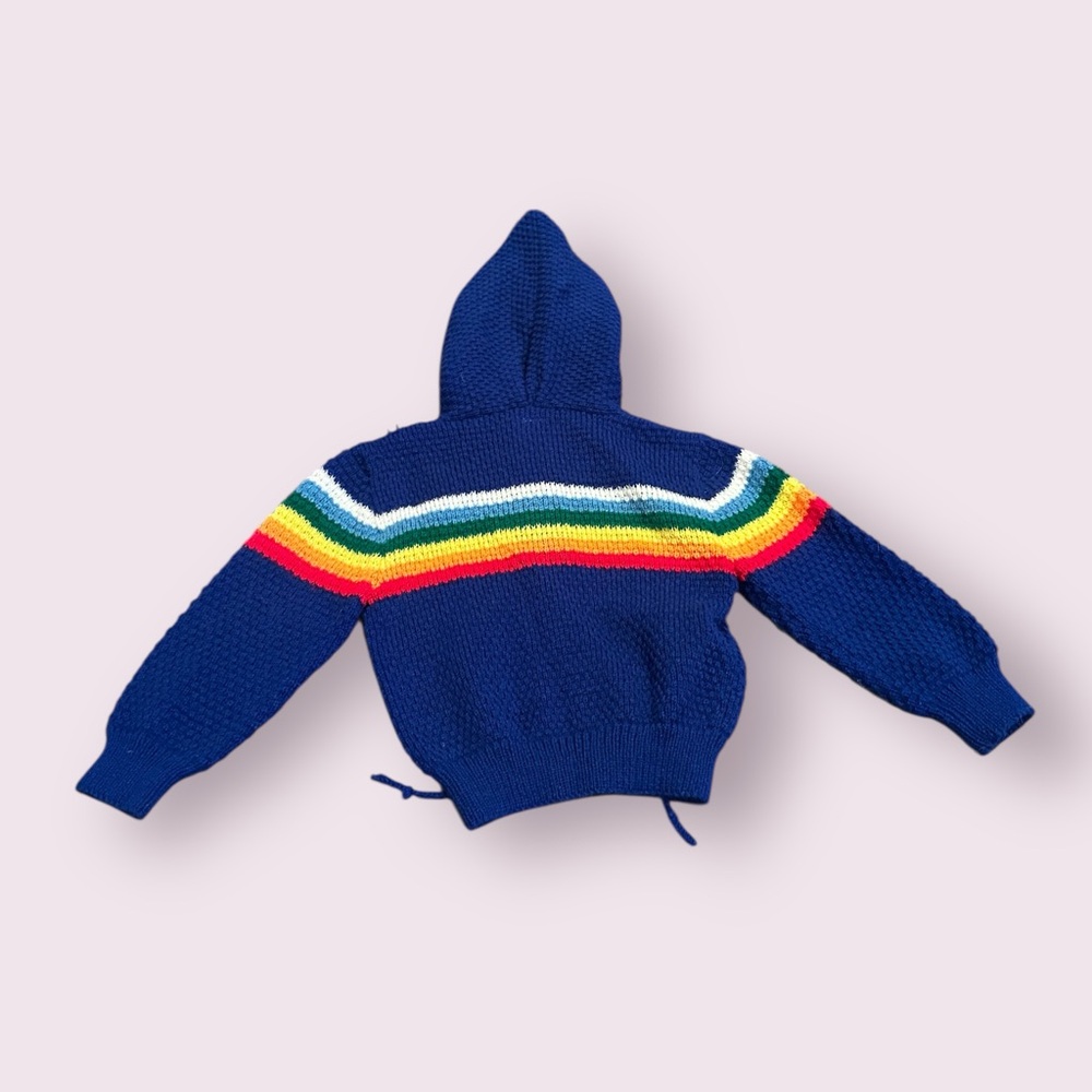 Vintage Baby Blue Rainbow Colorful Hooded Knit Cardigan Sweater Sz 18 Mon - Picture 10 of 10
